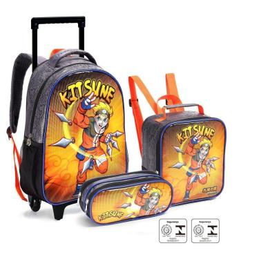 Imagem de Kit Mochila Rodinha Estojo Lancheira Infantil Escolar Menino Kitsune Seanite-Masculino