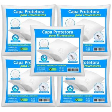 Imagem de Kit 5 Capas Travesseiro Impermeável Branca 50cm x 70cm Com Zíper e Hip