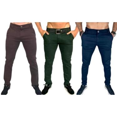 Imagem de Kit 3 calça jeans masculina com elastano slim bege claro azul marinho 