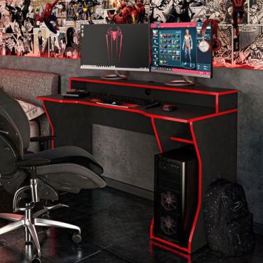 Imagem de Mesa Gamer Fremont 1 Prateleira 2 Nichos Preto/ Vermelho - Politorno