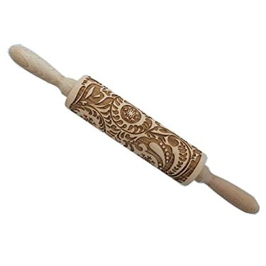Imagem de MIZORLIE Rolo de massa gravado Paisley de 36 cm, padrão de flores de floco de neve de Natal, rolo de massa 3D gravado a laser de madeira para fazer massa de biscoito, crostas, tortas, pastelaria