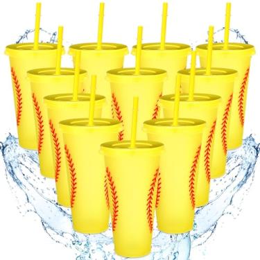 Imagem de Domensi Copo de plástico com bola esportiva de softball, amarelo, 12 peças, com tampa e canudo 680 g, copos de plástico reutilizáveis, presentes para fãs, amigos, aniversário, esportes, festas