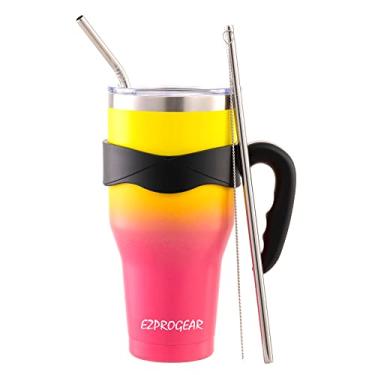 Imagem de Ezprogear Copo de Água Rosa/Amarelo de Parede Dupla de Aço Inoxidável de 600 ml com Canudos e Alça