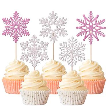 Imagem de Rsstarxi 30 Pack Snowflake Cupcake Toppers Purple and Silver Glitter Winter Frozen Theme Snowflake Cupcake Picks for Baby Shower Kids Birthday Christmas Party Cake Decorations Supplies