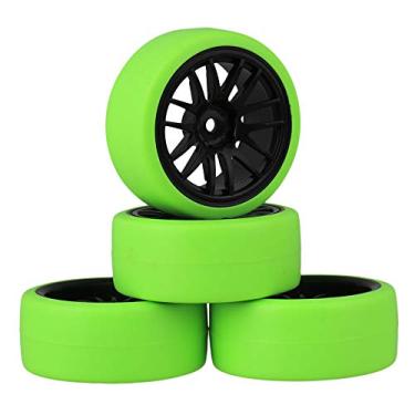 Imagem de Mxfans Black Plastic 14 Spoke Wheel Rims and Green Drift Smooth Tyres for RC 1:10 On Road Racing Car Set of 4