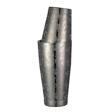 Imagem de Coqueteleira Boston pesada gravada com imagens Tiki (gráfico preto Tiki)