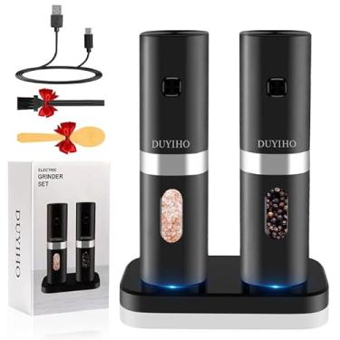 Imagem de Conjunto de moedor elétrico recarregável de sal e pimenta com base de carregamento dupla, suporte a pilhas, conjunto de moedores automáticos de especiarias recarregáveis com grossura ajustável e luz