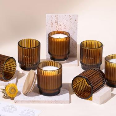 Imagem de DEVI Conjunto de 8 frascos de vela de vidro com nervuras âmbar vazias de 200 ml, potes de vela de vidro com tampas de bambu, recipientes de vela vazios a granel, suprimentos para fazer velas para