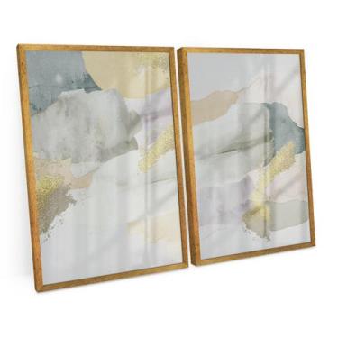 Imagem de Quadro Moderno Folhas Em Dourado Branco Abstrato Para Sala 90x60 Cm C/