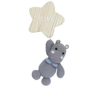 Imagem de Porta Maternidade Estrela com Hipopótamo de Gravata Azul Quarto Bebê I