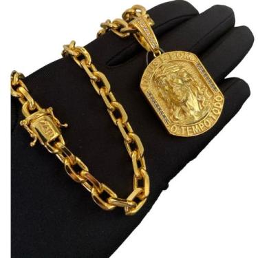 Imagem de Cordão Cadeado 8mm + Pingente Face De Jesus - Banhado a Ouro - ToJoia1
