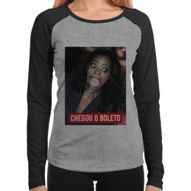 Imagem de Baby Look Raglan Chegou o boleto Manga Longa - Foca na Moda, Cinza, Pr