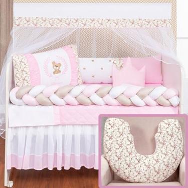 Imagem de Kit Berço Trança Completo Americano Urso Teddy Rosa+ Almofada Amamenta