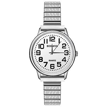 Imagem de Ibohevo Relógio feminino feminino relógio de pulso feminino: pulseira elástica dourada mostrador branco relógio fino feminino leitor fácil à prova d'água relógio analógico relógio de pulso para idosos