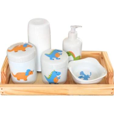 Imagem de Kit higiene bebê Dinossauro 6 peças - Bandeja, potes, porta álcool e m