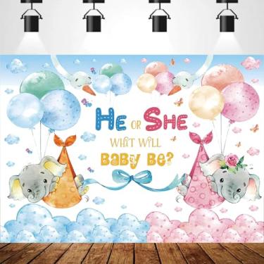 Imagem de Pano de fundo de balão de elefante rosa ou azul, tema de elefante, revelação de gênero, tema de festa para meninos ou meninas, adereços de sessão de fotos para chá de bebê recém-nascido (1,5 x 0,9 m)