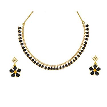 Imagem de Jewar Conjunto de colar indiano AD CZ elegante banhado a ouro gargantilha de cristais brilhantes com brincos joias para mulheres e meninas, Banhado a ouro, Zircônia cúbica