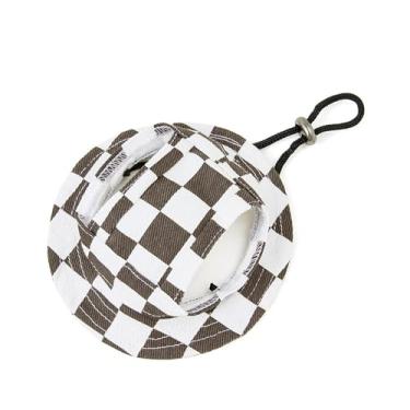 Imagem de HDKUW Chapéu de balde para cães, boné redondo para cães com orifício de orelha, chapéu esportivo ajustável para viagens ao ar livre, proteção solar, para gatos, pequenos, médios, café, xadrez, M
