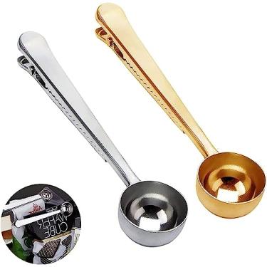 Imagem de 1 colher de café em aço inoxidável, 1 colher de café dourada com alça comprida, clipe de saco de vedação multifuncional para chá, café, proteína em pó, bebidas instantâneas, utensílios de cozinha