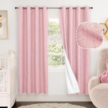 Imagem de Cortinas blecaute de linho rosa bebê para berçário conjunto de 2 painéis de comprimento 182 cm, isolamento térmico, boho, total blackout, redução de ruído, cortinas de janela Bonzer para quarto de