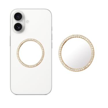 Imagem de LUVI Espelho de telefone Bling Stick on Back Phone Charm Sticker Glitter Diamond Makeup Selfies Alloy Glassy Clear Mirror Decal para celular para mulheres meninas redondo dourado