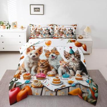 Imagem de Erosebridal Jogo de cama casal engraçado de gato e cachorro, conjunto de edredom colorido com tema de aniversário, presente para amantes de animais de estimação, para crianças, meninas, meninos,