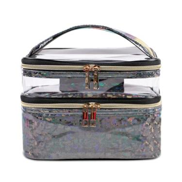 Imagem de FITINI Bolsas de maquiagem de camada dupla para armazenamento de cosméticos organizadores de maquiagem sacos de higiene pessoal resistentes à água para mulheres bolsa de pincel de maquiagem, Laser