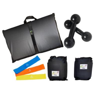 Imagem de Kit Tornozeleira 5KG Nylon Preto + Halteres 5KG Preto + Colchonete Dob