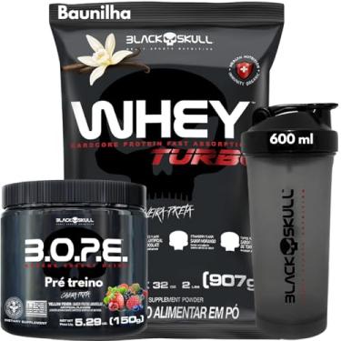 Imagem de Black Skull Whey Protein 907g + Pré-Treino 150g + Coqueteleira 600ml - Kit Caveira Preta (Whey Baunilha - Bope Frutas Vermelhas)