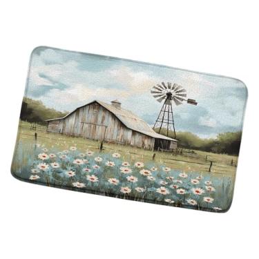Imagem de QWRSMYX Tapete de banho para moinho de vento rústico casa de fazenda azul-petróleo retrô fazenda ocidental celeiro país margarida natural flor bonito minimalista estetica tapetes de banheiro quarto