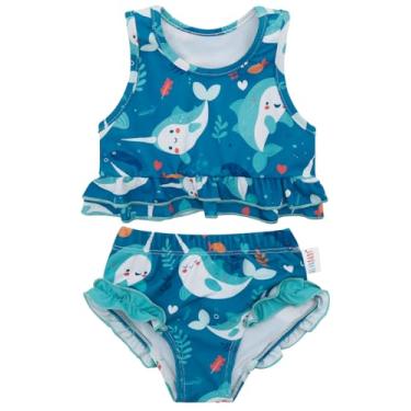 Imagem de ALVABABY Roupa de banho infantil para meninas, tanquíni sem mangas, fralda reutilizável com blusa combinando, Azul marinho + peixe-espada de desenho animado, 18 Meses