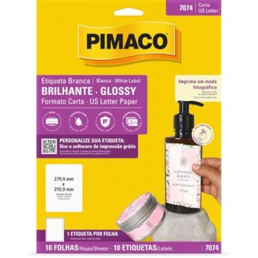 Imagem de Etiqueta Adesiva Pimaco Glossy/Brilhante Carta, Branco, 7074, 279.4x215.9mm, Envelope com 10fls-10 etiquetas, 874982