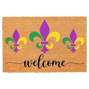 Imagem de Capacho de coco engraçado Fleur De Lis Welcome Happy Mardi Gras Welcome Porch Decor Capacho para entrada Tapete personalizado com suporte de PVC resistente, capacho antiderrapante para ambientes