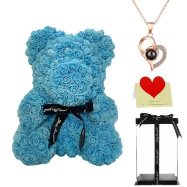 Imagem de Urso de pelúcia rosa grande de 40 cm com caixa de presente, urso de flores para aniversário, dia das mães, casamento, aniversário, presente romântico para ela (azul celeste)