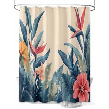 Imagem de CosyBright Cortina de chuveiro impermeável com folhas de palmeira tropical para banheiro, banheira, chuveiro, planta tropical, flor vermelha, folha de palmeira, conjunto de cortina de chuveiro com