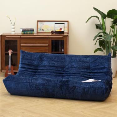 Imagem de N&V Cadeira Fireside, sofá de chão sem braços de meados do século, espreguiçadeira macia de chenille premium, poltrona de espuma para sala de estar, quarto e escritório (azul, três lugares)