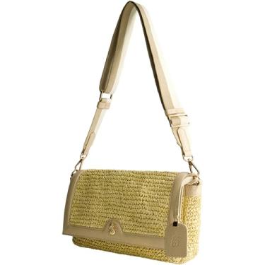 Imagem de Bolsa tiracolo Tommy Bahama com aba, mini bolsa feminina com design de tecido e alça de ombro ajustável, bege, Bronzeado