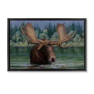 Imagem de Stupell Industries Arte de parede em tela emoldurada Moose Swimming in Lake Black Floater por Valerie Rogers, 25 x 17