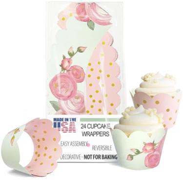 Imagem de Envoltórios florais para cupcake – forros de decoração de chá de bebê rosa vintage ouro rosa blush, chá de noiva romântico de conto de fadas, festa de aniversário de princesa, revelação de gênero