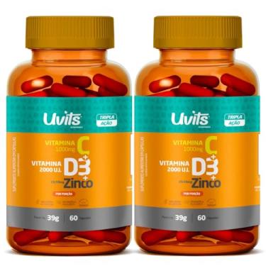 Imagem de 2x Vitamina C 1000mg + D3 2000UI + Zinco 29,59mg 60 Cáps - Total 120 Cáps