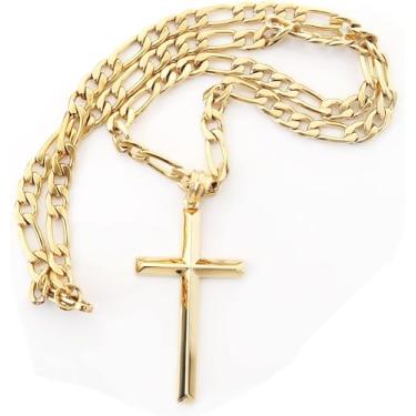 Imagem de Colar com pingente de cruz estilo corrente fígaro de ouro 24 k 5 mm com fecho de cruz para homens, Husband fino para berloques Miami Cubana Corte de diamante religioso borda chanfrada, 22, Banhado a ouro, Sem pedras preciosas