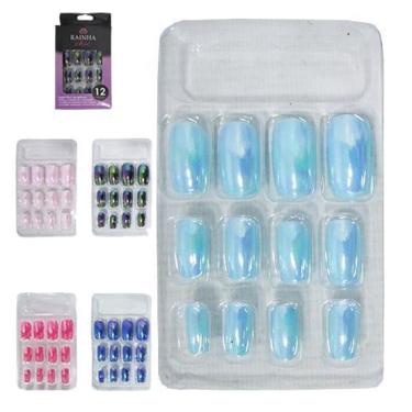 Imagem de Kit Unha Postica Cromada Color Mao Rainha Chic 12 Peca Caixa