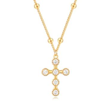Imagem de Valloey Rover Colar de cruz para mulheres, delicado banhado a ouro 14 K, diamante zircônia cúbica, crucifixo, fé, pingente de fé, moderno, clipe de papel, corrente de ouro fino, joias religiosas