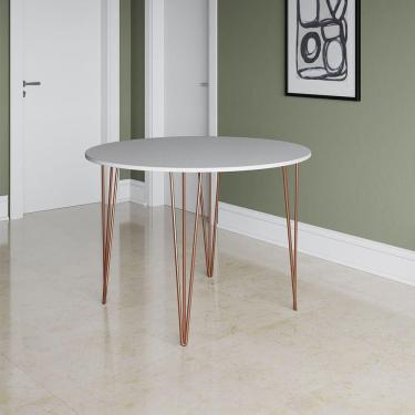 Imagem de Mesa Jantar Redonda Branca Hairpin 90cm Elen Base Cobre Branco