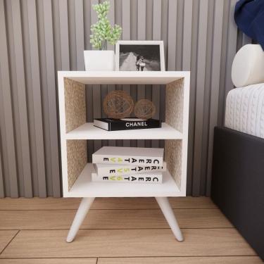 Imagem de Mesa de Cabeceira com Pés Mesinha Madeira Quarto Nicho Branco/Bege
