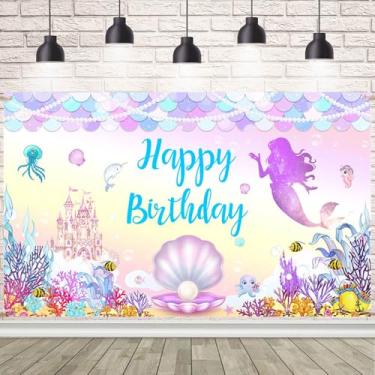 Imagem de AIBIIN Cenário de sereia feliz aniversário sob o mar, decoração de festa de aniversário, cauda de sereia, castelo de princesa, cenário para meninas, aniversário, tema sereia, decoração de festa de