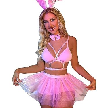 Imagem de SNOMYRS Roupa feminina sexy de coelhinho rave lingerie cosplay de malha top cropped metálico rosa roupa de festival roupas plus size