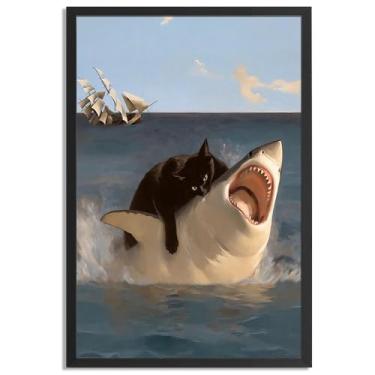 Imagem de Pôster de parede de gato engraçado emoldurado - Gato gordo vs tubarão para decoração estética de quarto - lindas imagens de gatos pretos impressões em tela pronto para pendurar quarto sala de estar