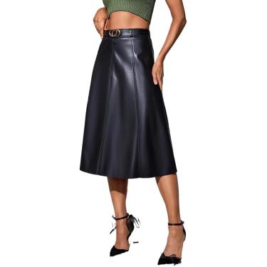 Imagem de Saia de couro ， saia de couro preta feminina pu PU Salia de couro retro Retro High Solid Midi Salia Elegante Las Chic Salia com cinto, preto, S