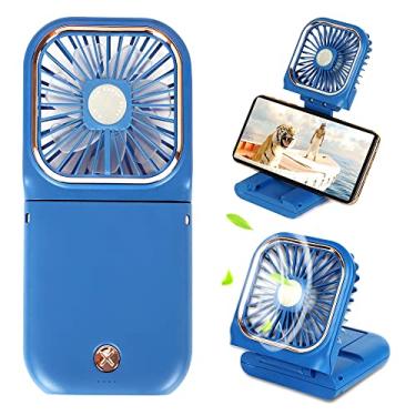 Imagem de LUKYRA Mini ventilador portátil 5 em 1 como carregador portátil, suporte de telefone, ventilador de mão, ventilador de mesa, ventiladores de mão recarregáveis USB, banco de energia de 3000 mAh, 3 modos de velocidade, cordão de pescoço (azul)